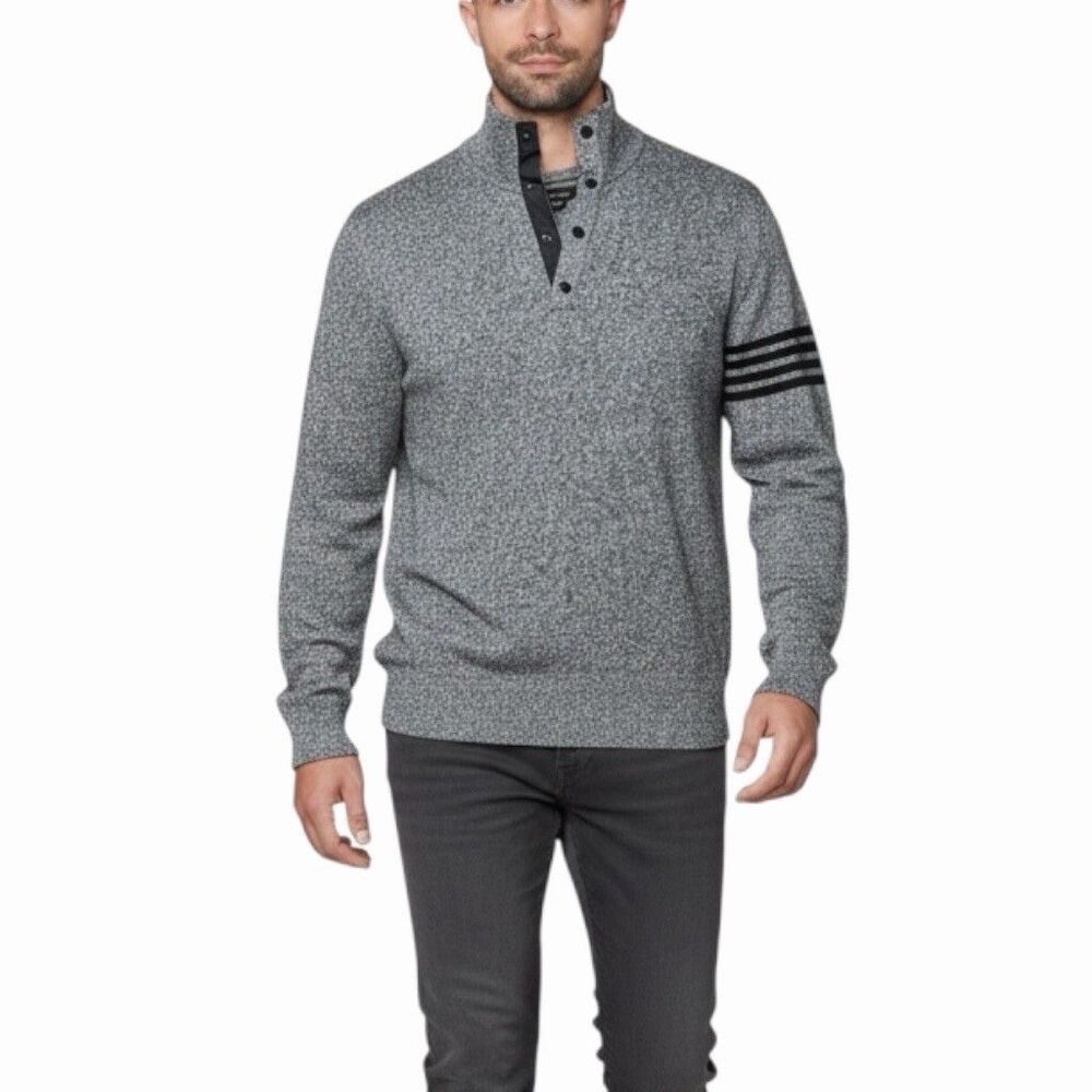 Banana Republic Mens Mock Neck Sweater XL Gray Black Stripe Sleeve Snap Pullover